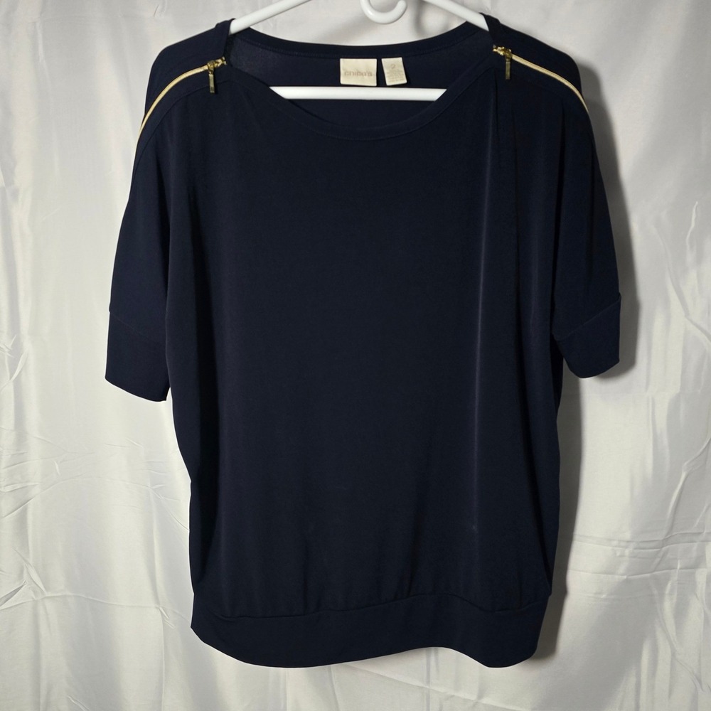 Chicos Navy Blue Top Gold Shoulder Zipper Blouse Size 2 Career‎